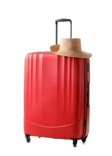 Bright Red Suitcase Packed Journey White Background — Stock Photo, Image