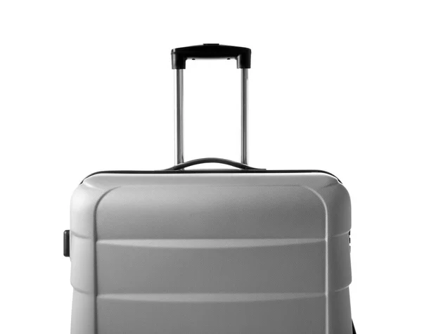 Gray Suitcase Packed Journey White Background — Stock Photo, Image