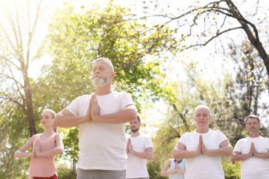Pratik yoga Park güneşli günde gurup