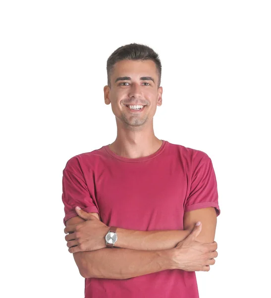 Guapo Joven Sonriendo Sobre Fondo Blanco — Foto de Stock