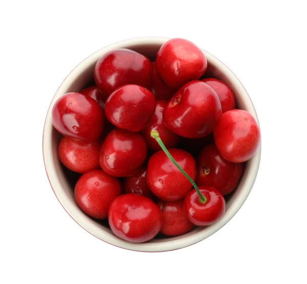 Tigela Com Cerejas Vermelhas Doces Fundo Branco — Fotografia de Stock