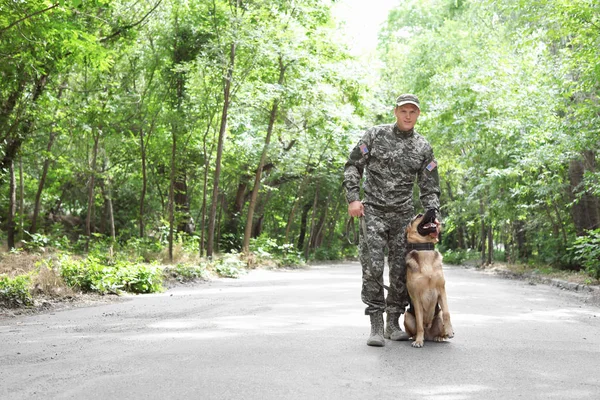 Hombre Uniforme Militar Con Perro Pastor Alemán Aire Libre — Foto de Stock