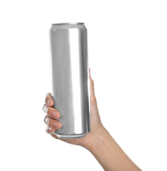 Vrouw Bedrijf Aluminium Kan Met Drank Witte Achtergrond — Stockfoto