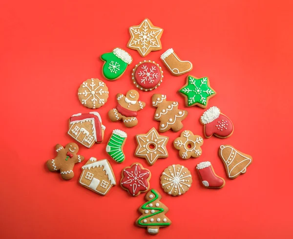 Arbre Noël Forme Biscuits Maison Savoureux Sur Fond Couleur Vue — Photo