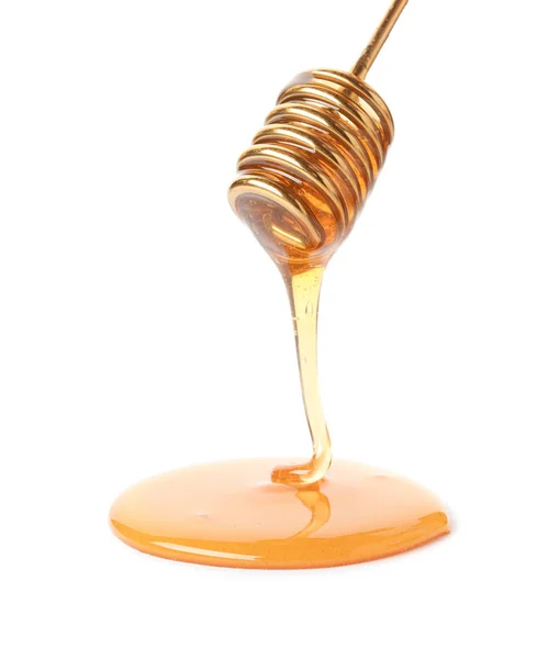 Μέλι Στάζει Από Dipper Λευκό Φόντο — Φωτογραφία Αρχείου