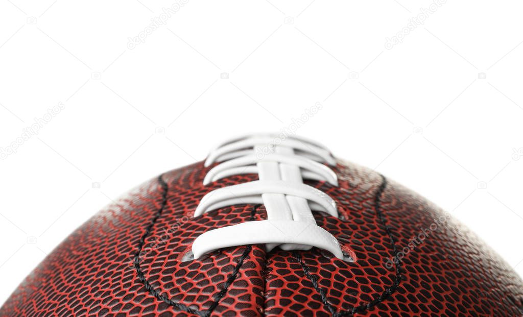 Leather American football ball on white background, closeup