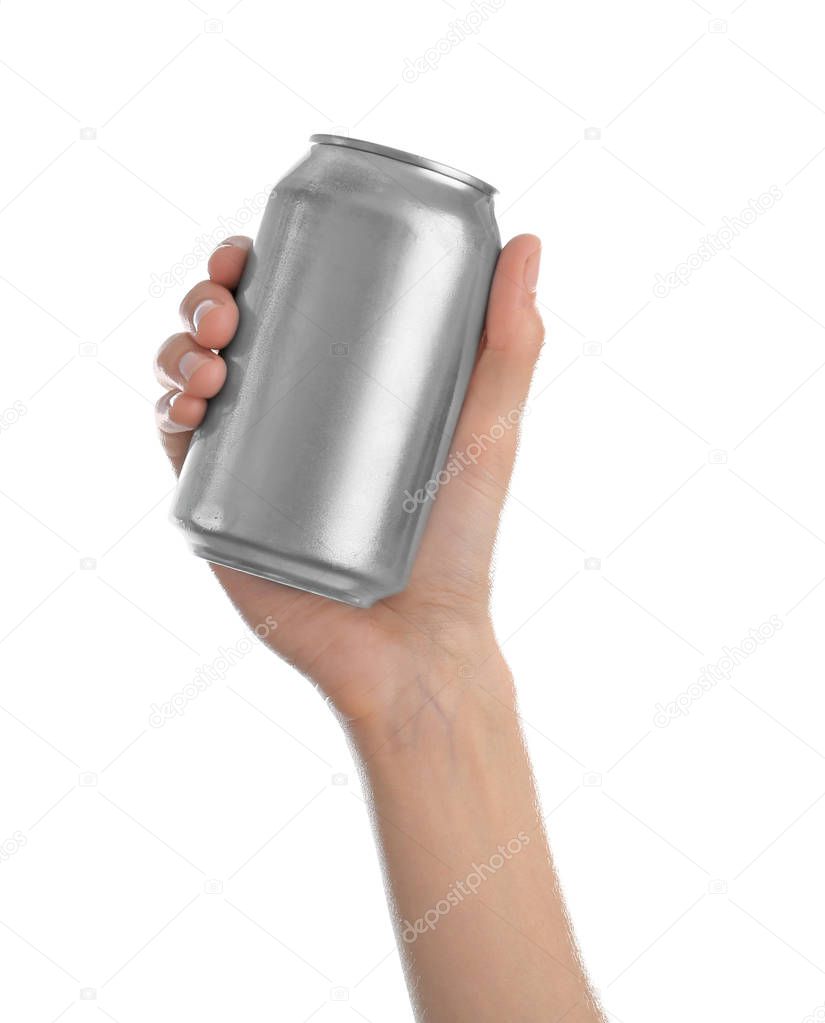 Woman holding aluminum can with beverage on white background
