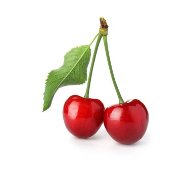 Tatlı Kırmızı Kiraz yaprak beyaz arka plan üzerinde