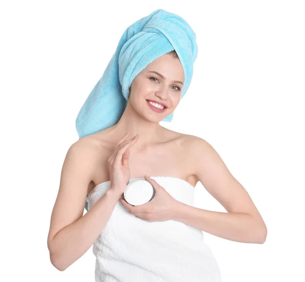 Young Woman Jar Hand Cream White Background — Stock Photo, Image