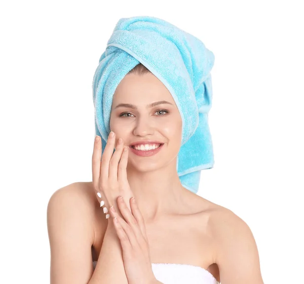 Young Woman Applying Hand Cream White Background — Stock Photo, Image
