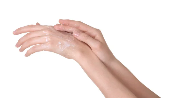 Jovem Aplicando Creme Suas Mãos Sobre Fundo Branco Close — Fotografia de Stock