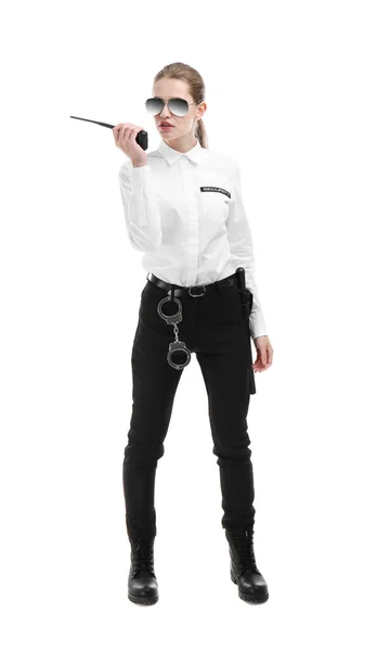 Female Security Guard Using Portable Radio Transmitter White Background — Stock Photo, Image