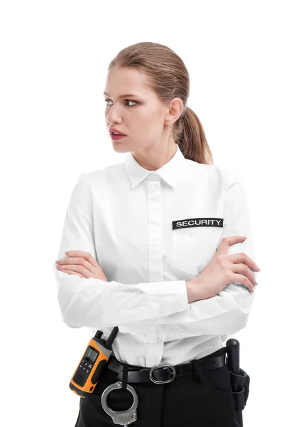 Protetor Segurança Feminino Uniforme Fundo Branco — Fotografia de Stock