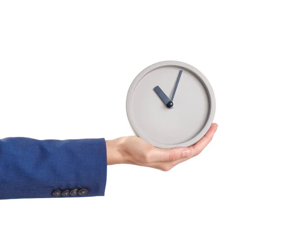 Junge Geschäftsfrau Mit Uhr Auf Weißem Hintergrund Zeitmanagement — Stockfoto