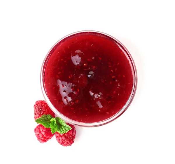 Bowl Delicious Raspberry Jam White Background Top View — Stock Photo, Image