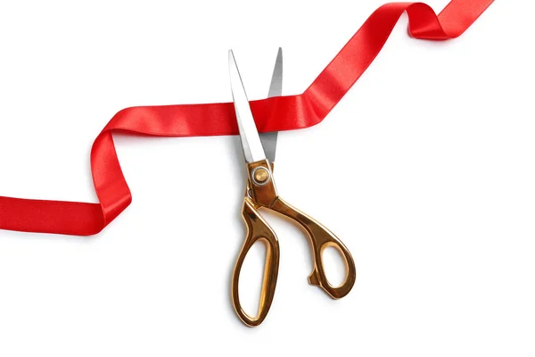 Ribbon Scissors White Background Top View Ceremonial Red Tape Cutting — Stock Photo, Image