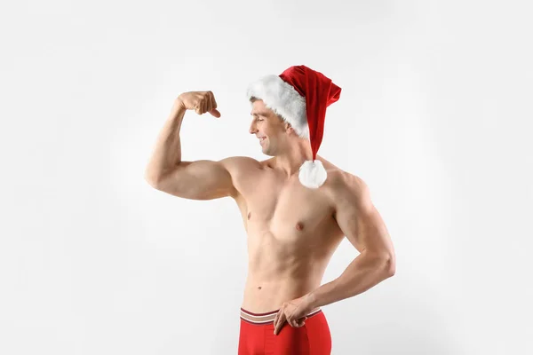Young Muscular Man Santa Hat White Background — Stock Photo, Image