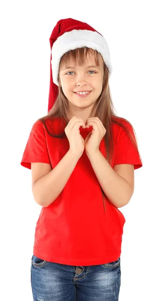 Criança Pequena Bonito Chapéu Papai Noel Colocando Mãos Forma Coração — Fotografia de Stock