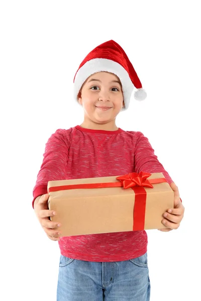 可爱的小孩子在圣诞老人的帽子与圣诞礼物在白色背景 — 图库照片