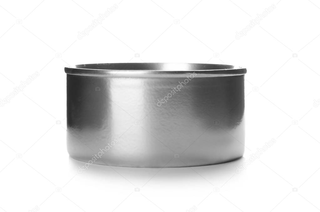 Mockup of tin can with food on white background
