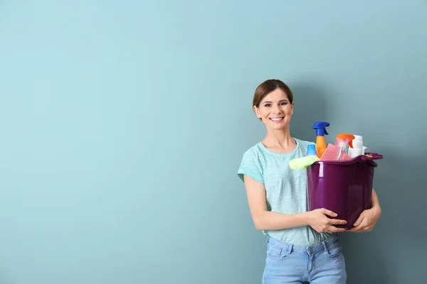 Woman Holding Bucket Cleaning Supplies Indoors — Stock Photo, Image