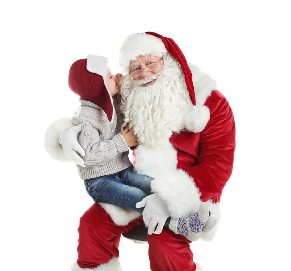 Liten Pojke Viskar Autentiska Jultomten Örat Mot Vit Bakgrund — Stockfoto