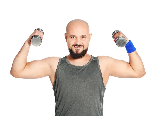 Homem Com Excesso Peso Fazendo Exercício Com Halteres Fundo Branco — Fotografia de Stock