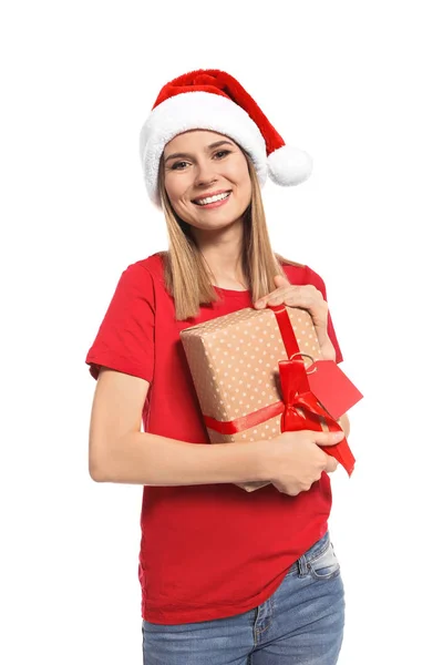 Mujer Joven Con Regalo Navidad Sobre Fondo Blanco — Foto de Stock