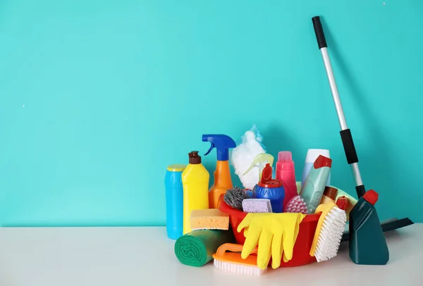 Set Cleaning Supplies Table Indoors — Stock Photo, Image