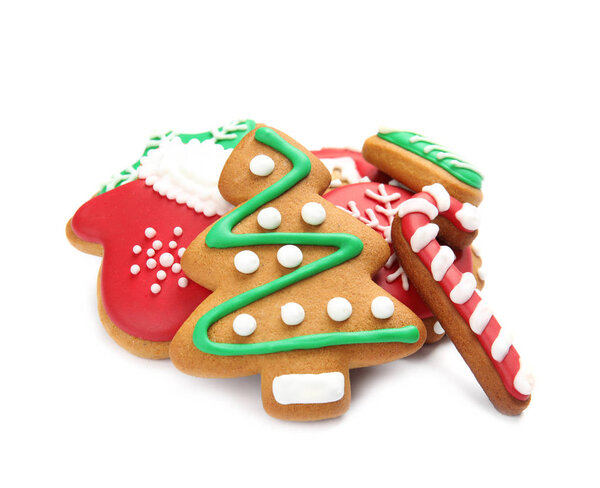 Tasty homemade Christmas cookies on white background