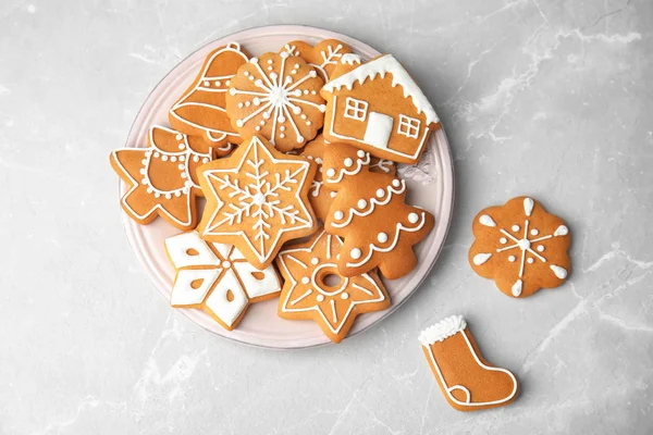 Plate Tasty Homemade Christmas Cookies Table Top View — Stock Photo, Image