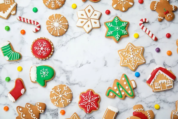 Savoureux Biscuits Noël Faits Maison Sur Table Marbre Vue Sur — Photo