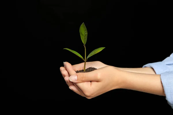 Mujer Sosteniendo Tierra Con Planta Verde Las Manos Sobre Fondo — Foto de Stock