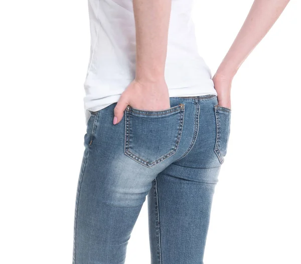 Mujer Joven Jeans Con Estilo Sobre Fondo Blanco — Foto de Stock
