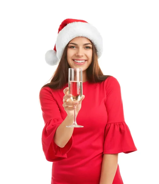 Noel Baba Şapkası Şampanya Beyaz Arka Plan Üzerinde Tutan Genç — Stok fotoğraf