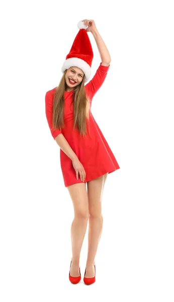 白い背景の上のサンタの帽子の若い美しい女性 クリスマスのお祝い — ストック写真
