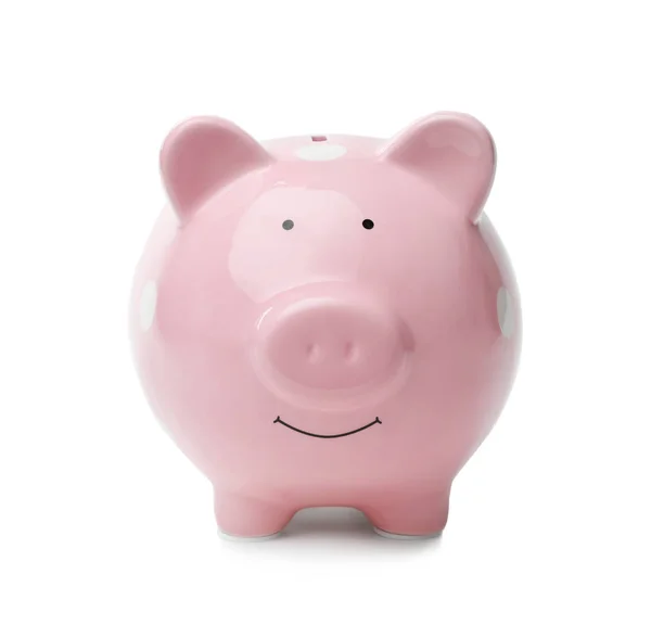 Aranyos Rózsaszín Malacka Bank Fehér Háttér Pénz Megtakarítási — Stock Fotó
