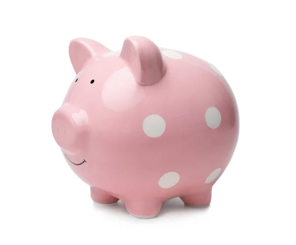 Aranyos Rózsaszín Malacka Bank Fehér Háttér Pénz Megtakarítási — Stock Fotó