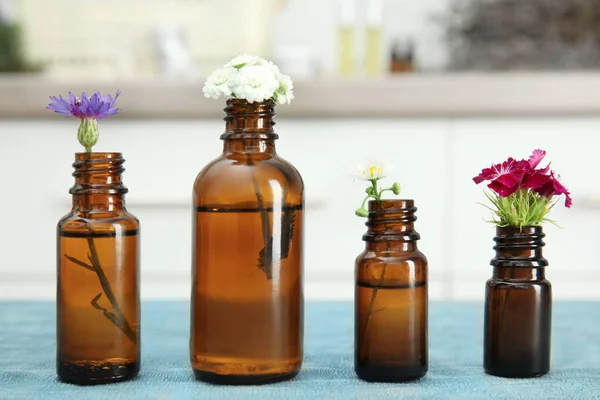 Composition Essential Oils Flowers Table — Stock Photo, Image