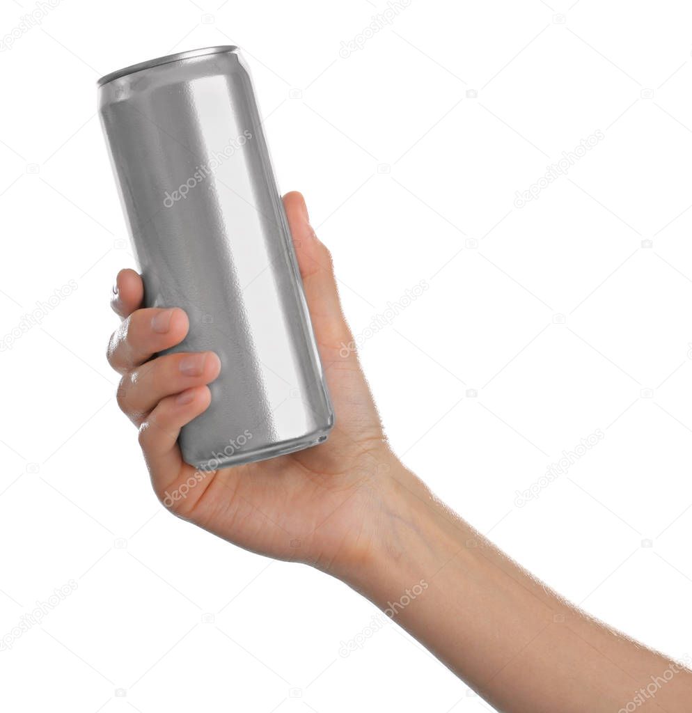 Woman holding aluminum can with beverage on white background