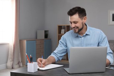 Ev ofis Danışma laptop ile çalışan genç adam