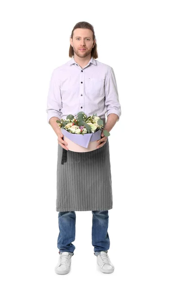 Mannelijke Bloemist Holding Doos Met Bloemen Witte Achtergrond — Stockfoto