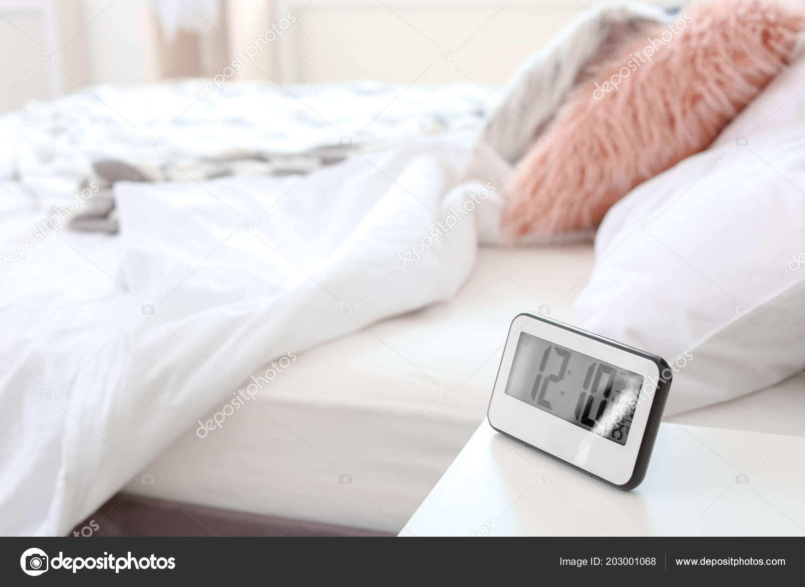 Digital Alarm Clock Table Bedroom Time Day Stock Photo