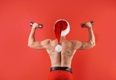 Noel Baba şapkası renk arka plan üzerinde dumbbells ile genç kaslı adam