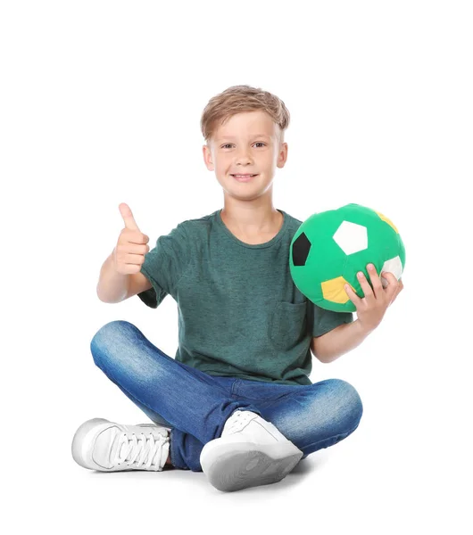 Petit Enfant Ludique Avec Ballon Football Sur Fond Blanc Divertissement — Photo