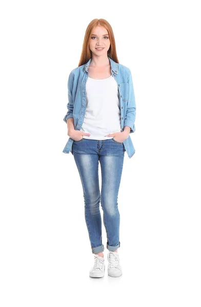 Junge Frau Stylischen Jeans Auf Weißem Hintergrund — Stockfoto