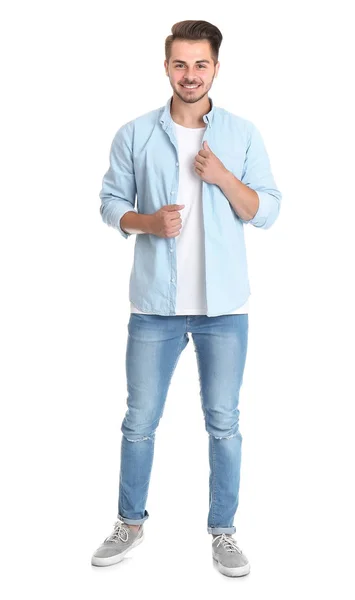 Jonge Man Stijlvolle Jeans Witte Achtergrond — Stockfoto