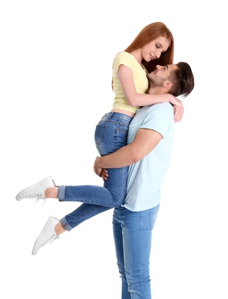 Pareja Joven Jeans Con Estilo Sobre Fondo Blanco —  Fotos de Stock