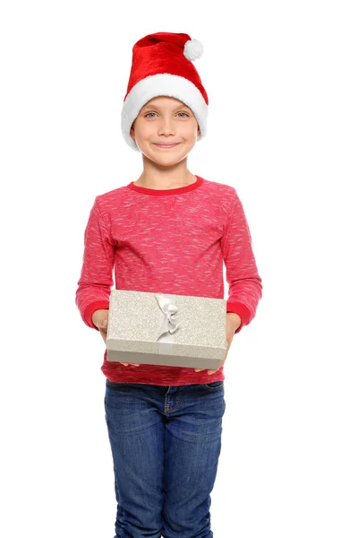 Милий Маленька Дитина Санта Hat Різдво Подарункова Коробка Білому Тлі — стокове фото