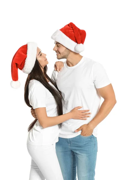 Young Happy Couple Santa Hats White Background Christmas Celebration Stock Picture